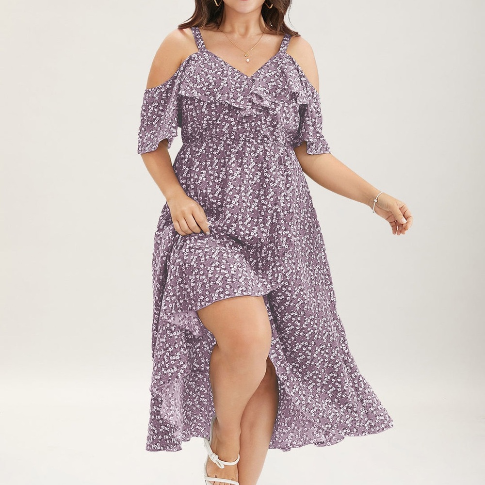 Bloomchic size 2x Mauve Ditsy Floral Pocket Wrap Cold Shoulder Ruffle Dress